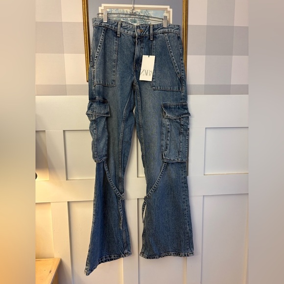 Zara Women's Cargo Flare Blue Jeans Size 4 - Picture 1 of 7